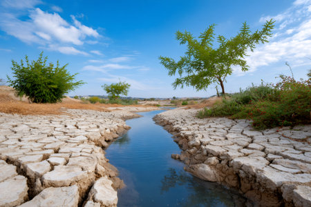 Drying riverbed showing cracked earth and blue water in an arid environmentの素材