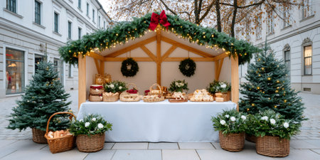 Festive Christmas market stall displaying delicious pastries, sweets, and holiday decorations in a winter streetの素材