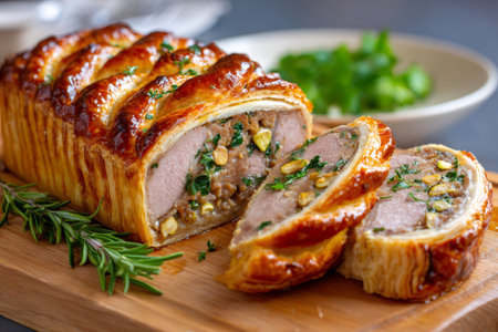 Baked meatloaf Wellington presents a savory main course with pistachios and fresh rosemaryの素材