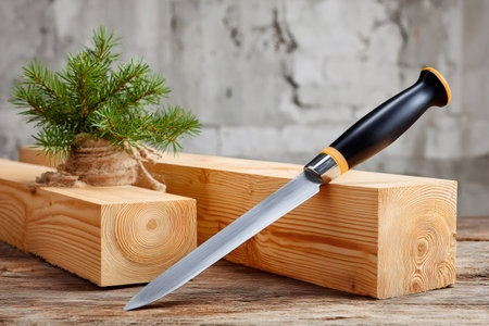 Craft knife resting on wooden beams with a small fir treeの素材