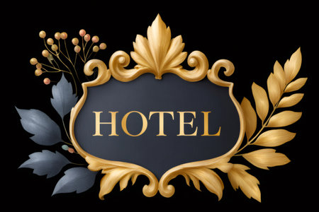 Golden HOTEL text on a classic, elegant, vintage sign with baroque ornamentationの素材