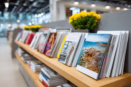 Colorful magazines and newspapers arranged on wooden shelves in a bright, contemporary bookstoreの素材