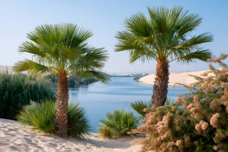 Desert oasis with a calm lake reflecting the sky, surrounded by sand dunes and lush vegetationの素材