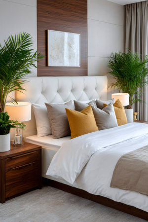 Contemporary bedroom with a comfortable bed, warm lighting, and exotic green plants creating a peaceful atmosphereの素材