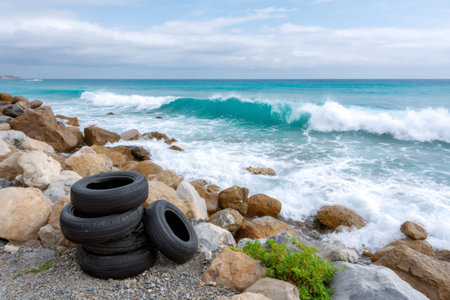 Old tires littering a rocky beach with bright blue ocean waves crashing against the shoreの素材