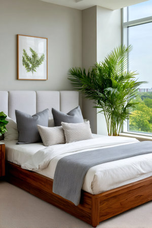Bright bedroom showcasing a comfortable bed with natural light, green plants, and wooden furnitureの素材