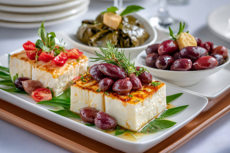 Greek meze platter offering grilled feta cheese, kalamata olives, and dolmadesの素材