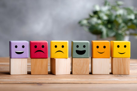 Colorful wooden blocks displaying a range of emotions from sad to joyful, representing feedbackの素材