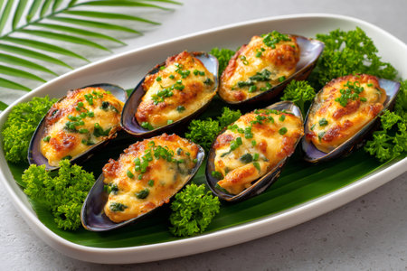Six baked mussels topped with cheese and chives on a plate garnished with parsley and a palm leafの素材