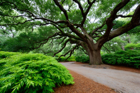 Large oak tree shades a winding gravel path surrounded by lush green foliageの素材