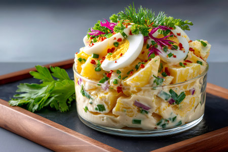 Potato salad in a glass bowl on a dark serving tray, garnished with eggs and herbsの素材