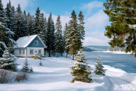 White house standing by partially frozen lake surrounded by snow-covered fir trees on a winter dayの素材