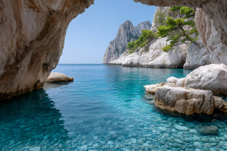 Calanques national park archway frames a clear turquoise Mediterranean sea and rocky coastlineの素材