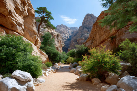 Path winding through sandstone canyon, surrounded by green shrubs and treesの素材