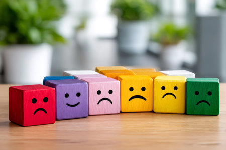 Colorful wooden cubes displaying various emotions for survey choicesの素材