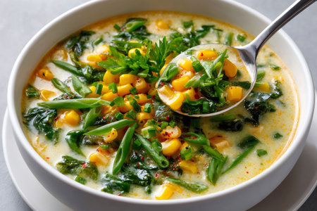 Creamy corn chowder with fresh spinach, green beans, and herbs in a white bowlの素材