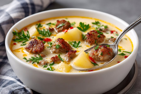 Hearty creamy soup bubbling with meatballs, diced potatoes, and fresh parsley, eaten with a spoonの素材