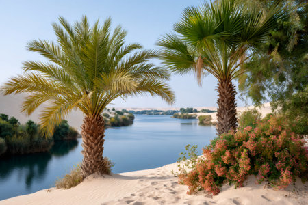 Serene desert oasis featuring a tranquil lake, lush palm trees, and sand dunes under a clear skyの素材