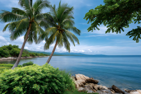 Two palm trees framing a serene tropical bay with calm blue ocean water and distant mountainsの素材