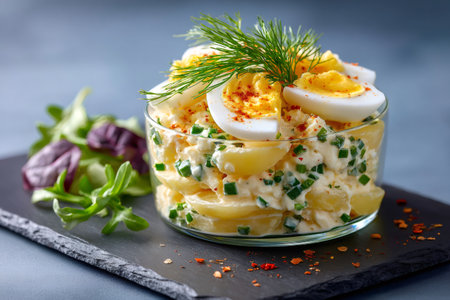 Potato salad served in a glass bowl with boiled eggs, fresh dill, and chivesの素材