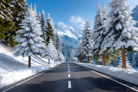 Paved road leading into a snow-covered mountain landscape with evergreen trees under a clear skyの素材