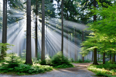 Tall trees filtering golden sun rays onto a tranquil forest pathの素材