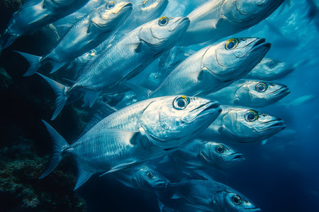 Large school of bigeye trevally fish swimming together in blue ocean waterの素材