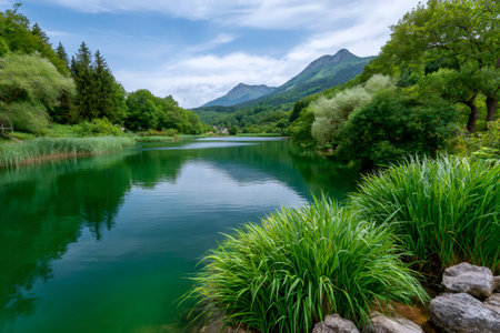 Green lake water reflecting mountains and lush forest vegetation under a summer skyの素材