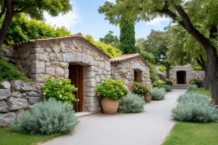 Rustic stone buildings with tiled roofs and green foliage creating a charming natural garden sceneの素材