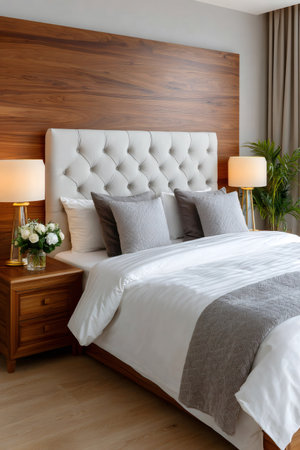 Comfortable hotel bedroom interior featuring a large bed, wooden furniture, and warm lightingの素材