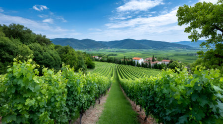 Lush green vineyard rows stretching towards a village and distant mountains under a blue skyの素材