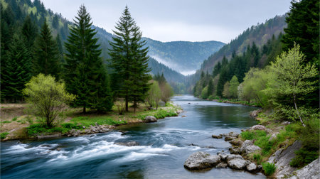 River water flowing through a forest valley with mountains and mistの素材