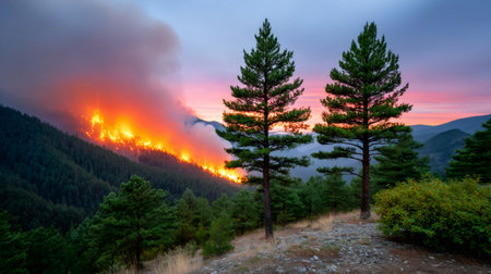 Forest fire blazing across a hillside with smoke rising during twilight threatening natureの素材