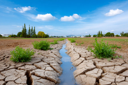Arid cracked land showing water in a small channel and growing green plants under a blue skyの素材
