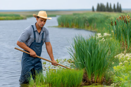 Man in overalls and a straw hat managing wetland vegetation with a toolの素材