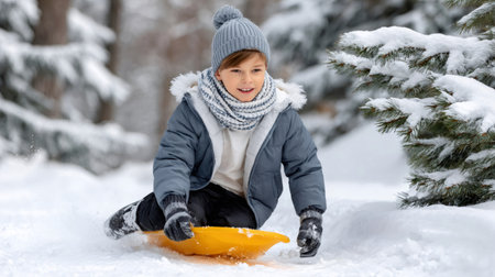 Young boy enjoying winter activities sledding on snow in a forestの素材