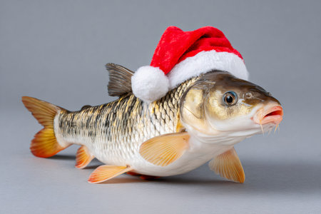 Carp fish wearing Santa hat celebrating festive winter holidaysの素材