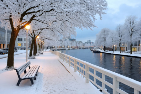 Snow covering a city canal, trees, and benches under evening lightの素材