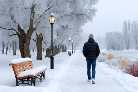 Man walking alone on a snowy path in a winter park with frosted treesの素材