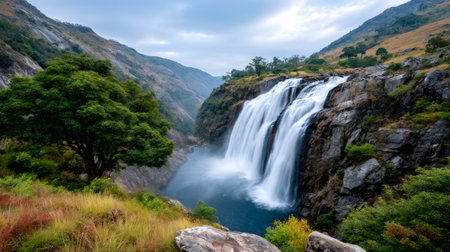 Waterfall cascading down rocky mountain into a serene pool, surrounded by green valley and lush vegetationの素材