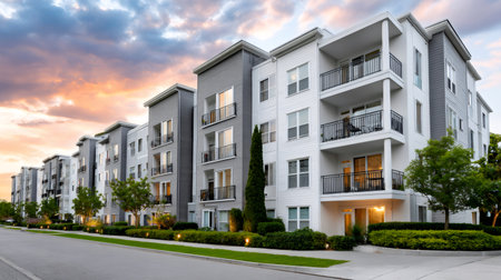 Contemporary residential complex with balconies and landscaping at golden hourの素材