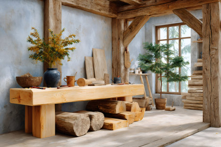 Woodworking shop interior featuring a timber frame, workbench, and natural lightの素材