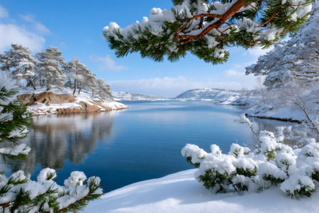 Reflecting blue lake water with snow on rocks and a clear skyの素材