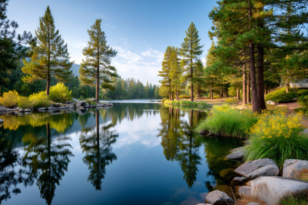 Conifer trees and lush green foliage reflecting in calm lake water under a clear morning skyの素材