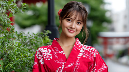 Young Asian woman smiling looking at camera wearing a red yukata outdoorsの素材