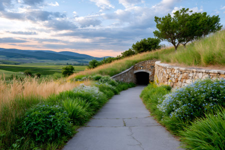 Pathway approaching a stone tunnel entrance on a grassy hillside with a vast vineyard landscape beyondの素材