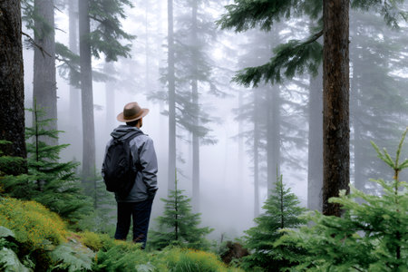 Man with backpack and hat standing in a foggy forest surrounded by tall pine treesの素材