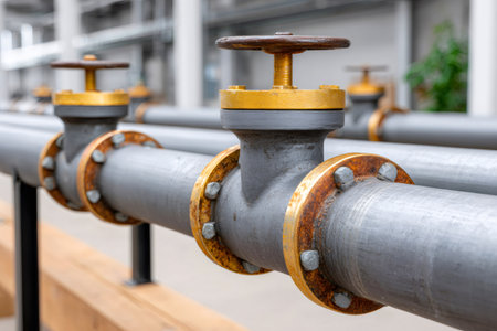Gray industrial pipes with shut-off valves and rusty flanges in a processing plantの素材