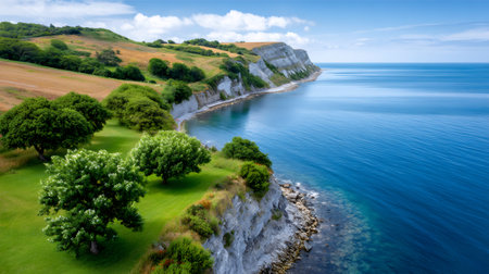 Rolling green hills and white cliffs line the tranquil blue ocean on a bright summer dayの素材