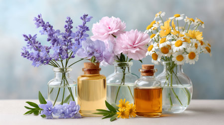 Bottles of essential oils with fresh lavender, peonies, and chamomile flowers for aromatherapyの素材